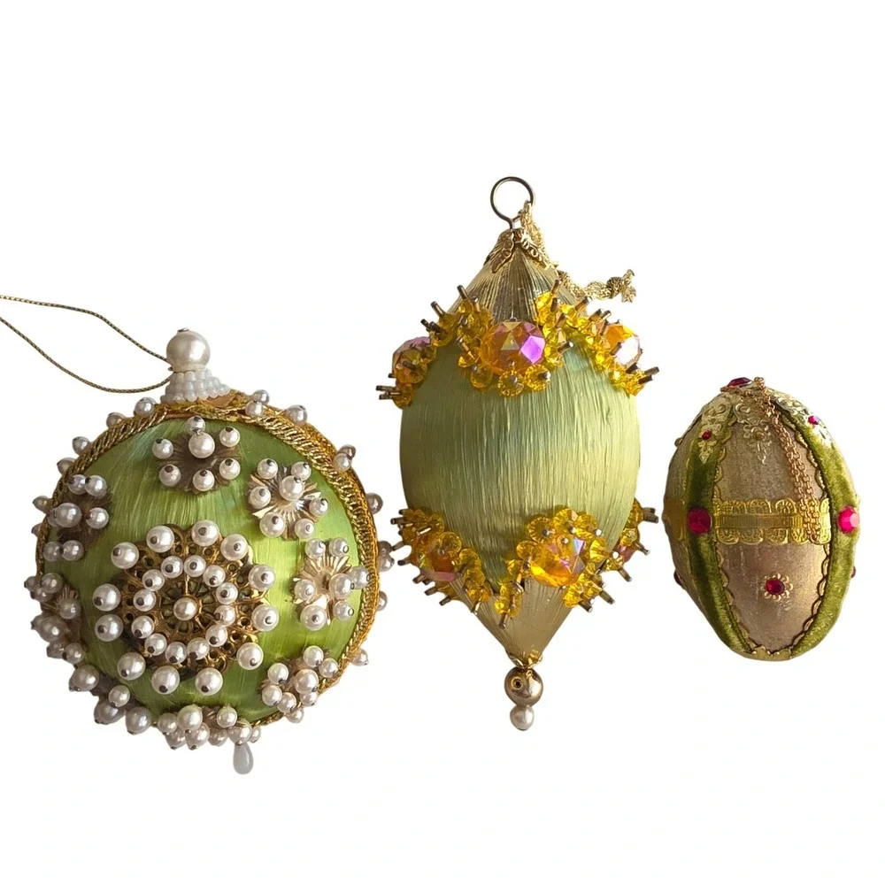 VTG 3 Handmade Beaded Pushpin Satin Christmas Ornaments Green Gold (1 real egg)